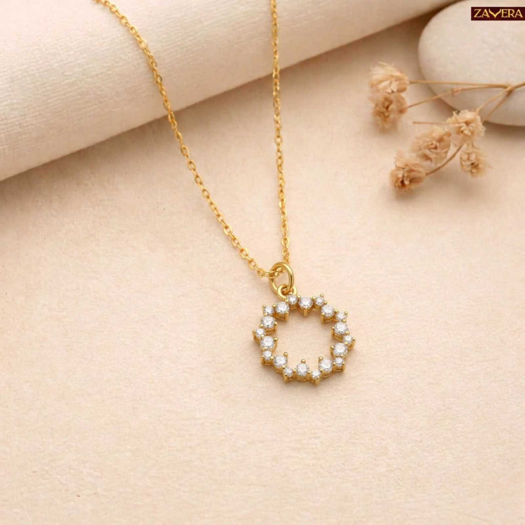 Zavera Gold Plated Circular Halo Pendant Necklace For Women
