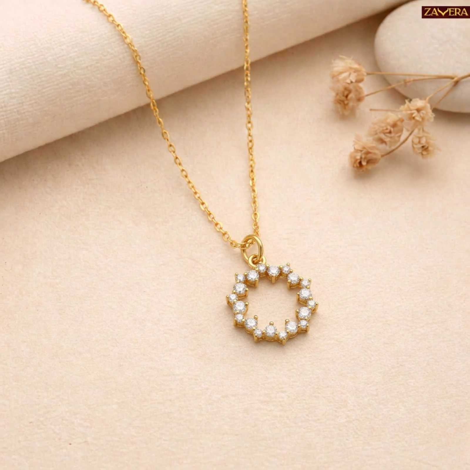 Zavera Gold Plated Circular Halo Pendant Necklace For Women