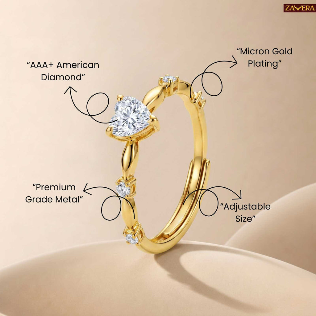 Zavera Gold Plated Adjustable Heart Ring For Women
