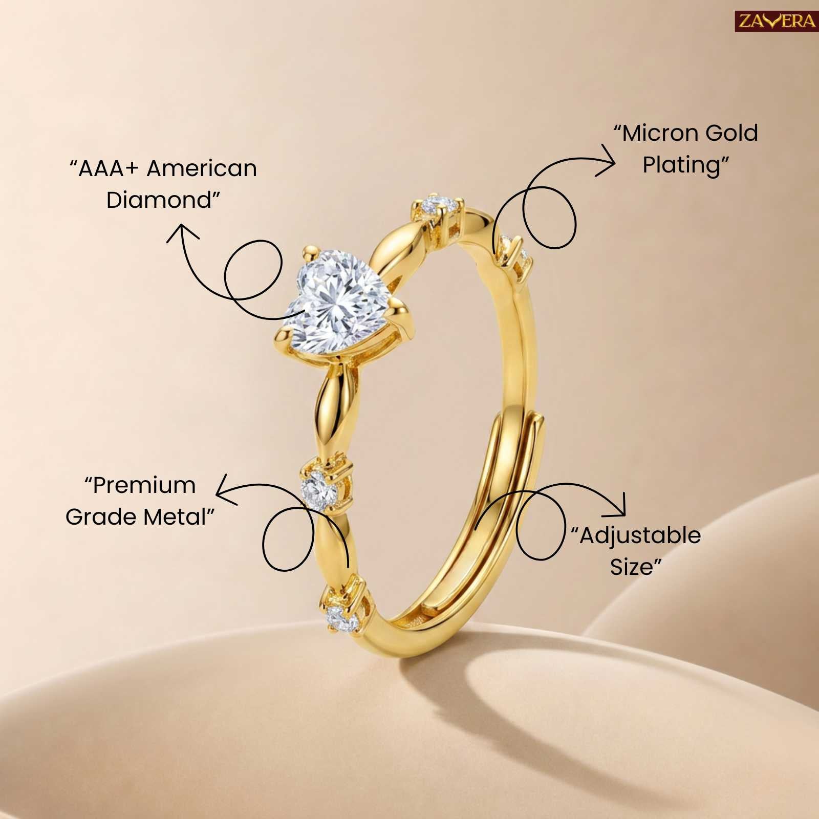 Zavera Gold Plated Adjustable Heart Ring For Women