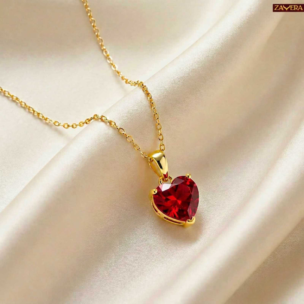 Zavera Red Heart Shape Crystal Pendant Gold Plated