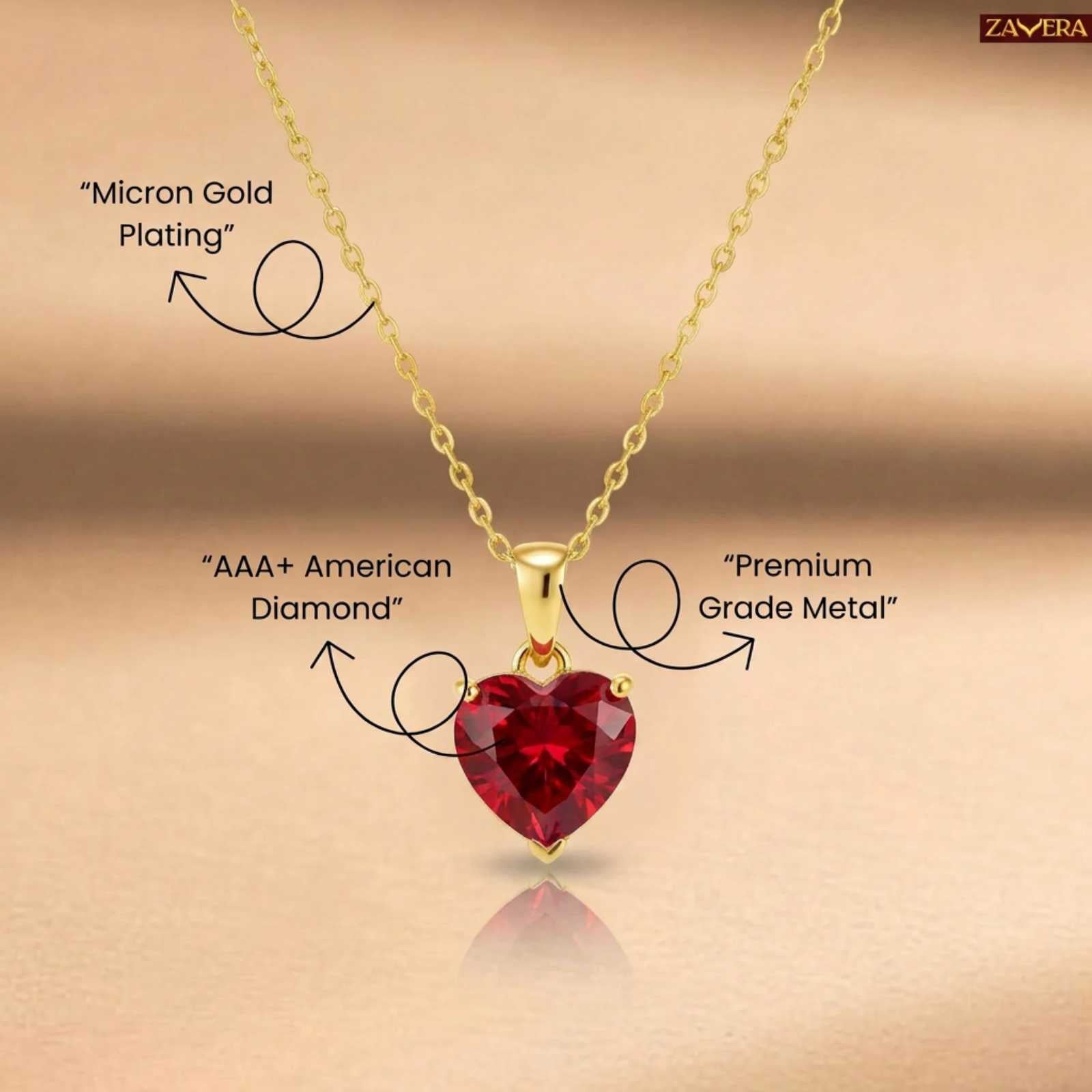 Zavera Red Heart Shape Crystal Pendant Gold Plated