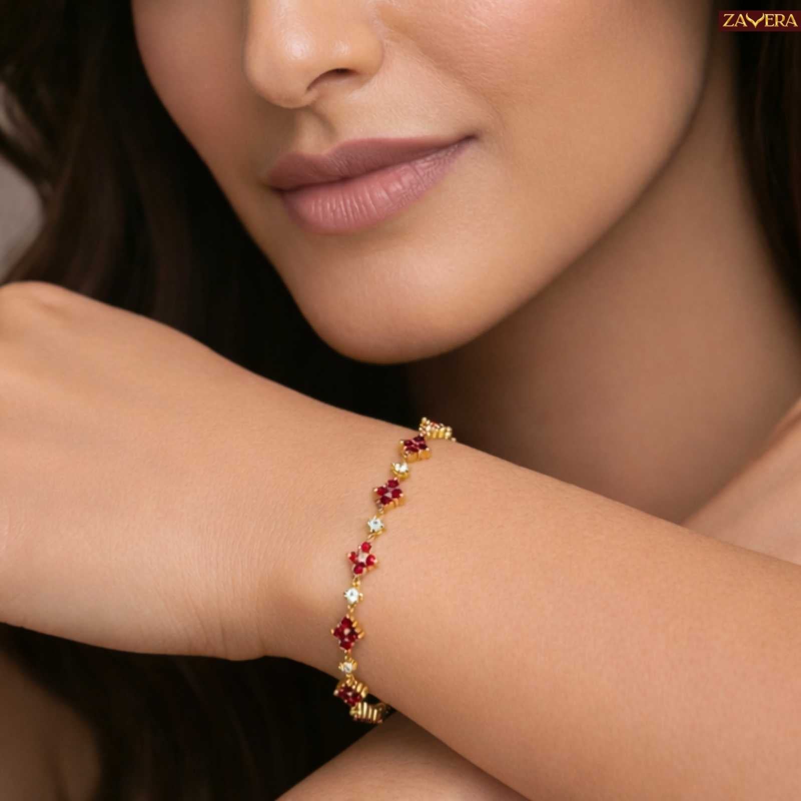 Ruby Floral Gold Plated Bracelet For Women