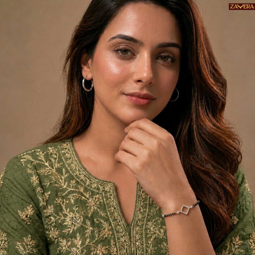Zavera Geometric Sparkle Gold Plated Mangalsutra Bracelet