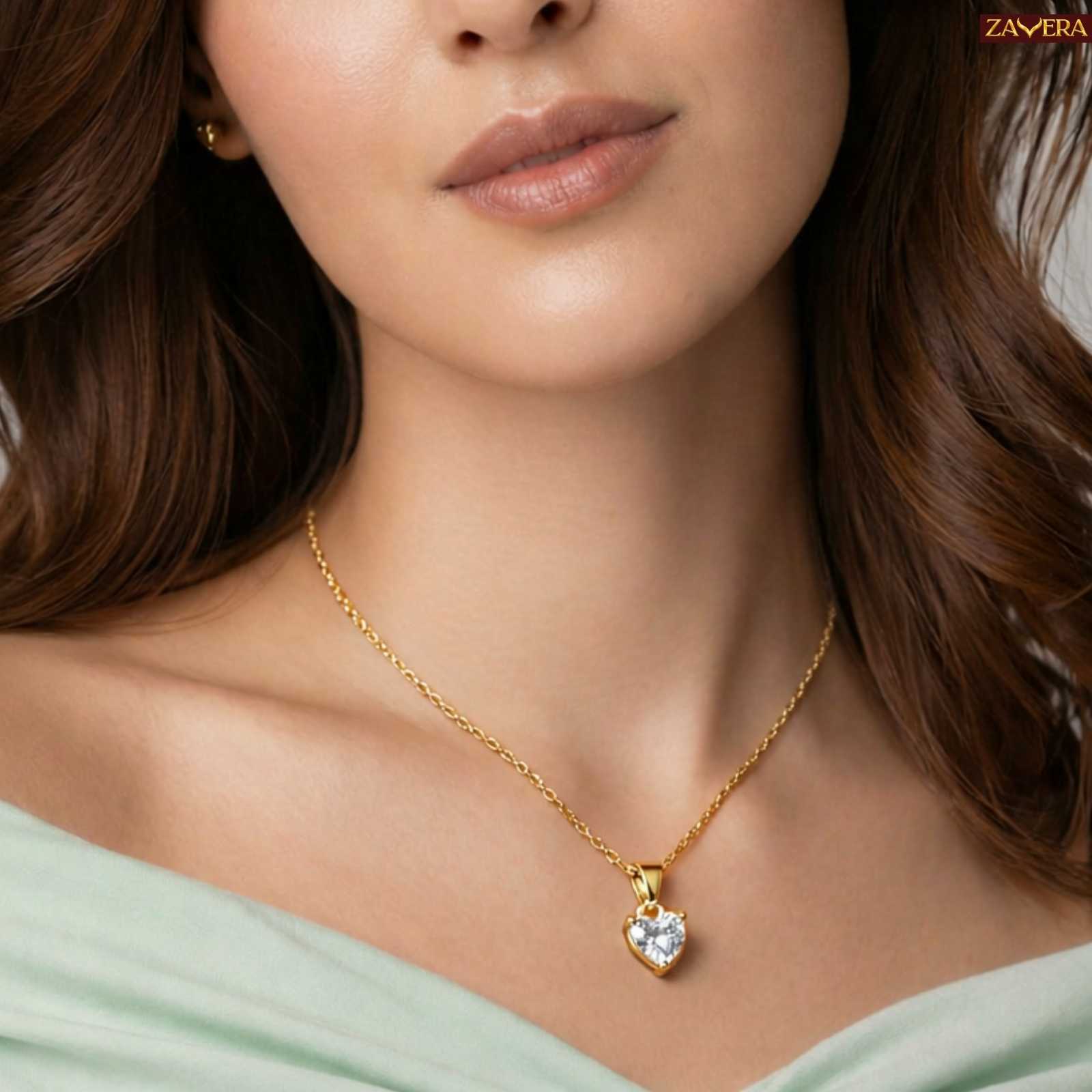 Zavera Heart Solitaire Diamond Gold Plated Pendant