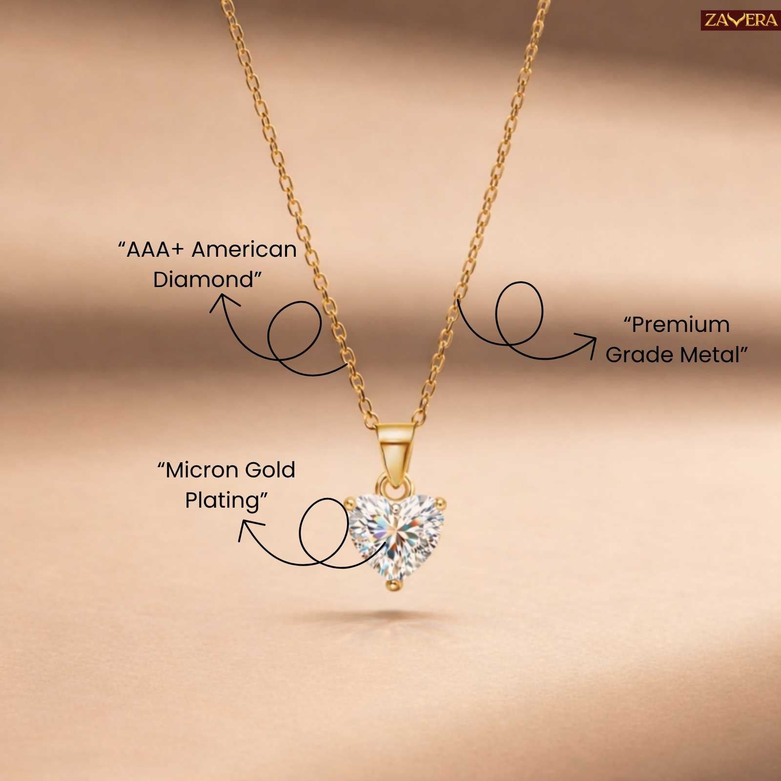 Zavera Heart Solitaire Diamond Gold Plated Pendant
