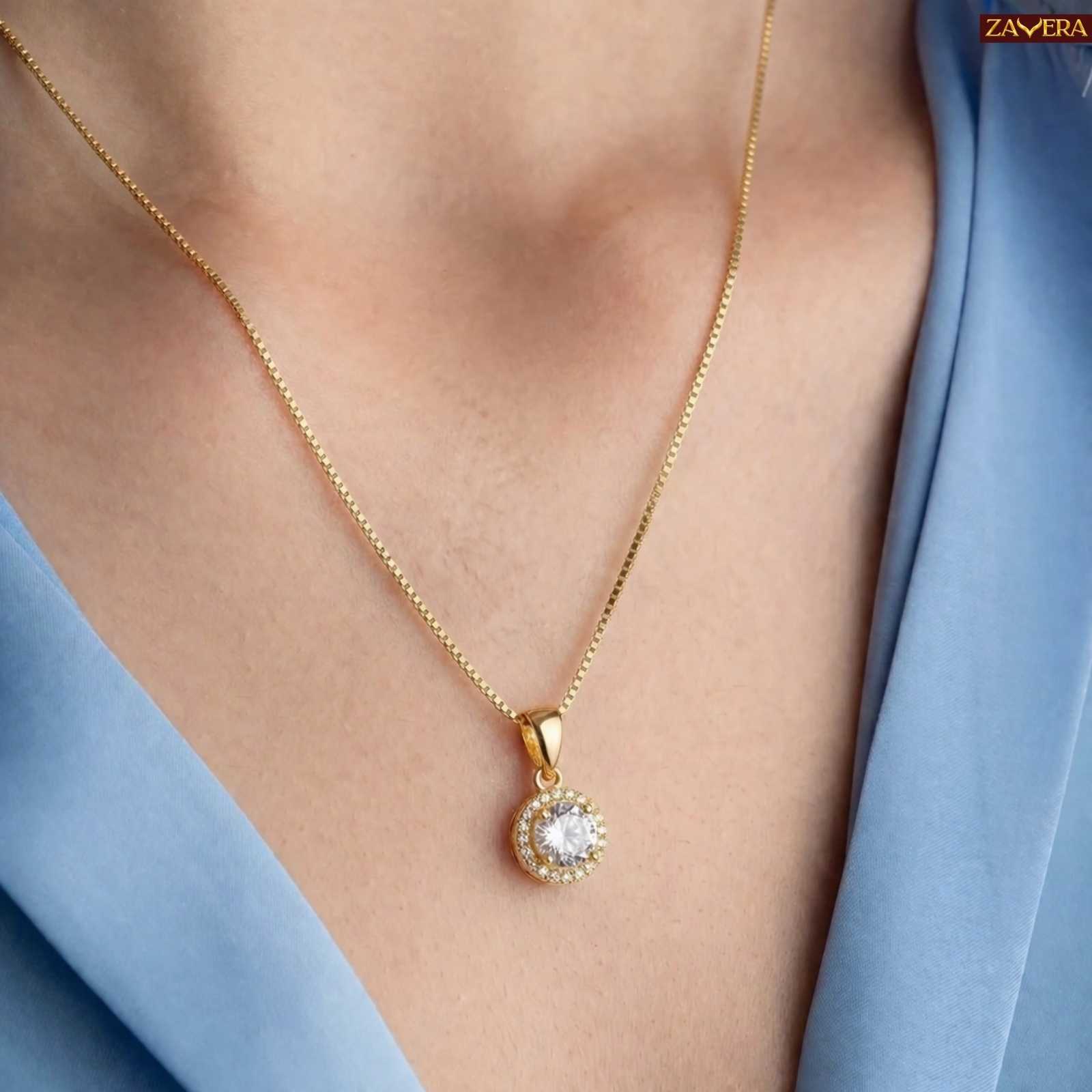 Zavera Round Halo Diamond Gold Plated Pendant Set with Earrings