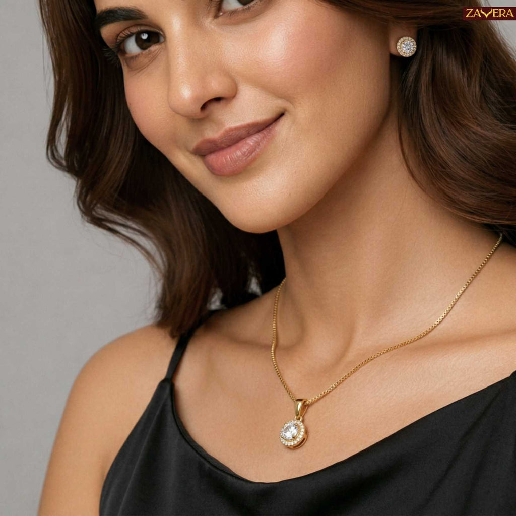 Zavera Round Halo Diamond Gold Plated Pendant Set with Earrings