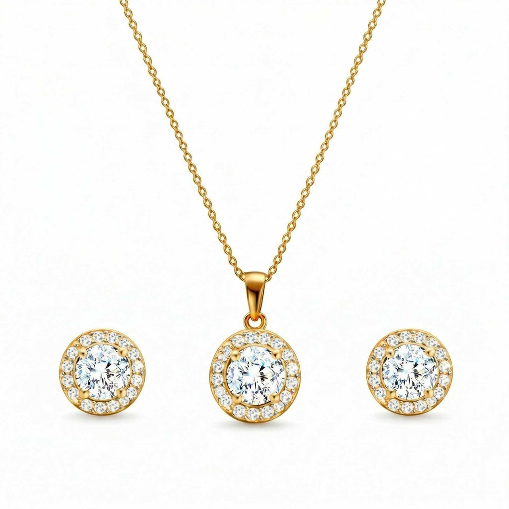 Zavera Round Halo Diamond Gold Plated Pendant Set with Earrings