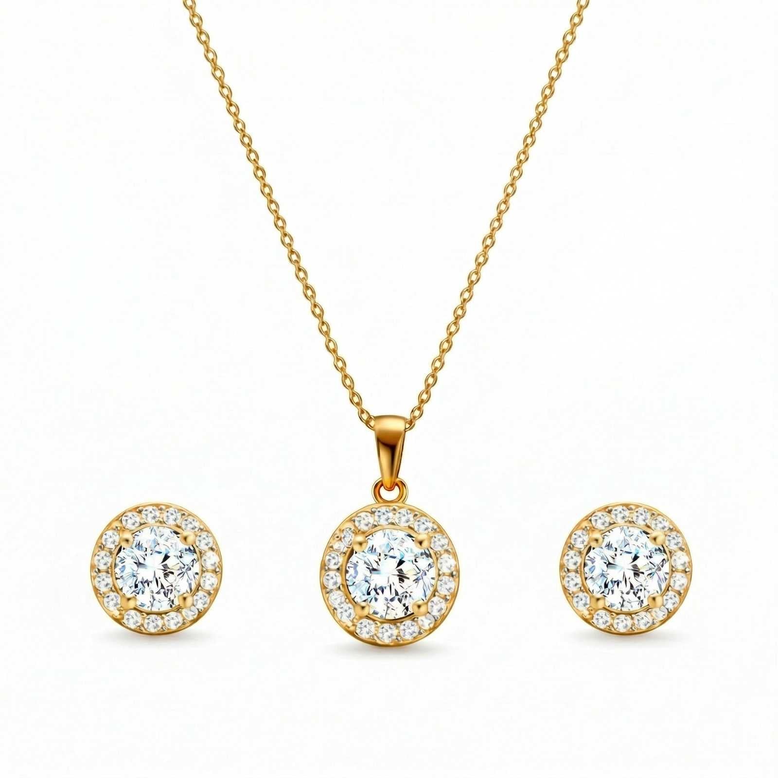 Zavera Round Halo Diamond Gold Plated Pendant Set with Earrings