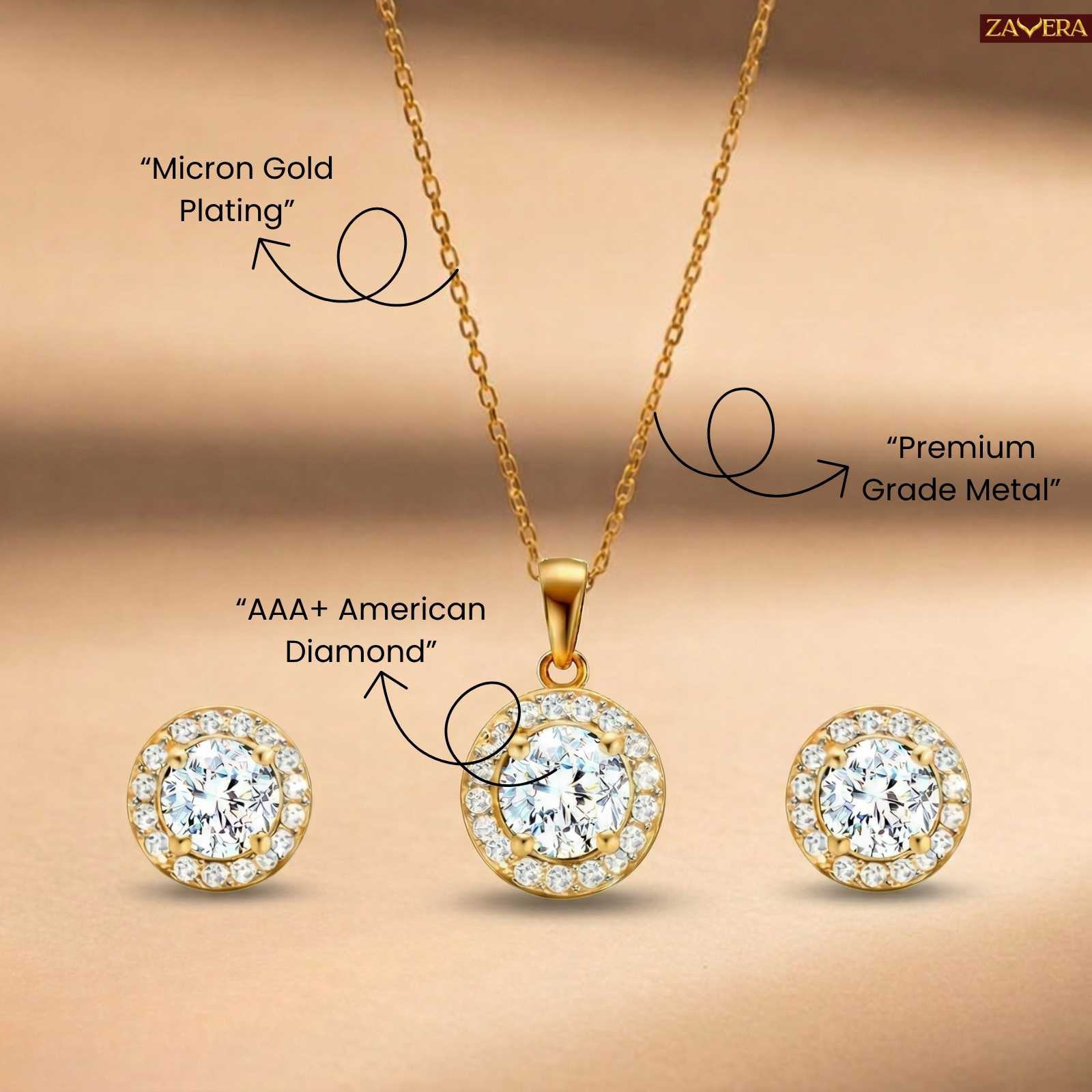 Zavera Round Halo Diamond Gold Plated Pendant Set with Earrings