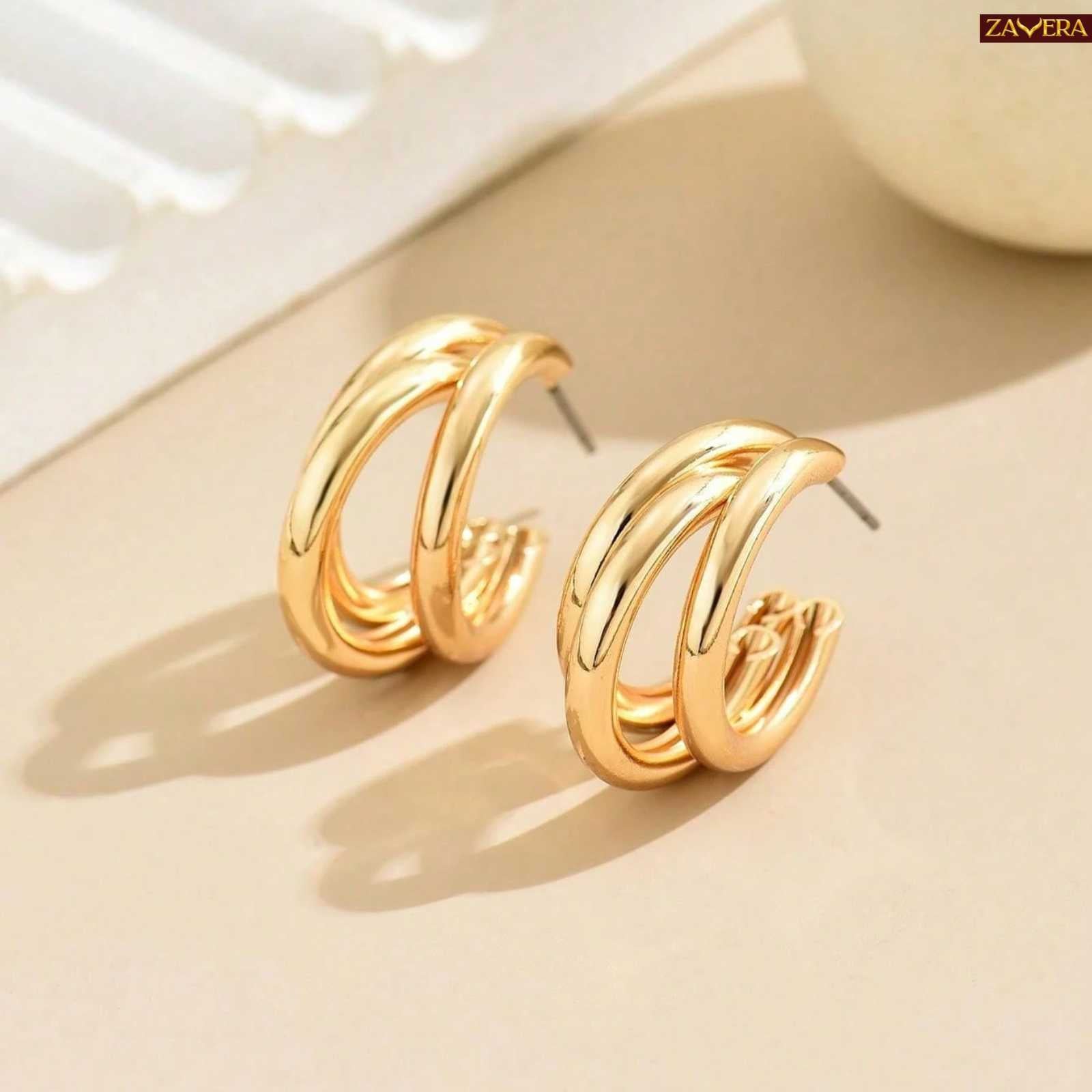 Chunky Triple Hoop Gold Plated Earrings For Women