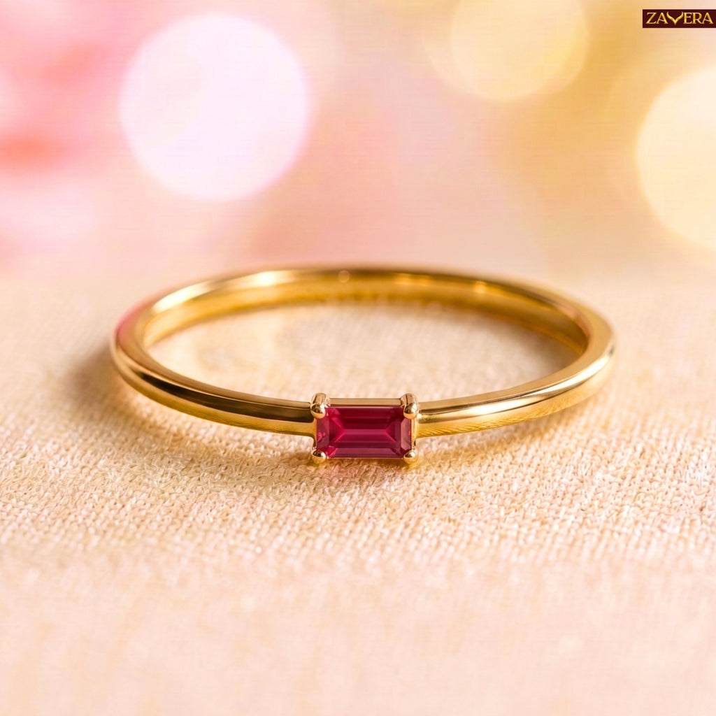 Zavera Brass 22K Baguette Cut Gold Plated Ring For Women