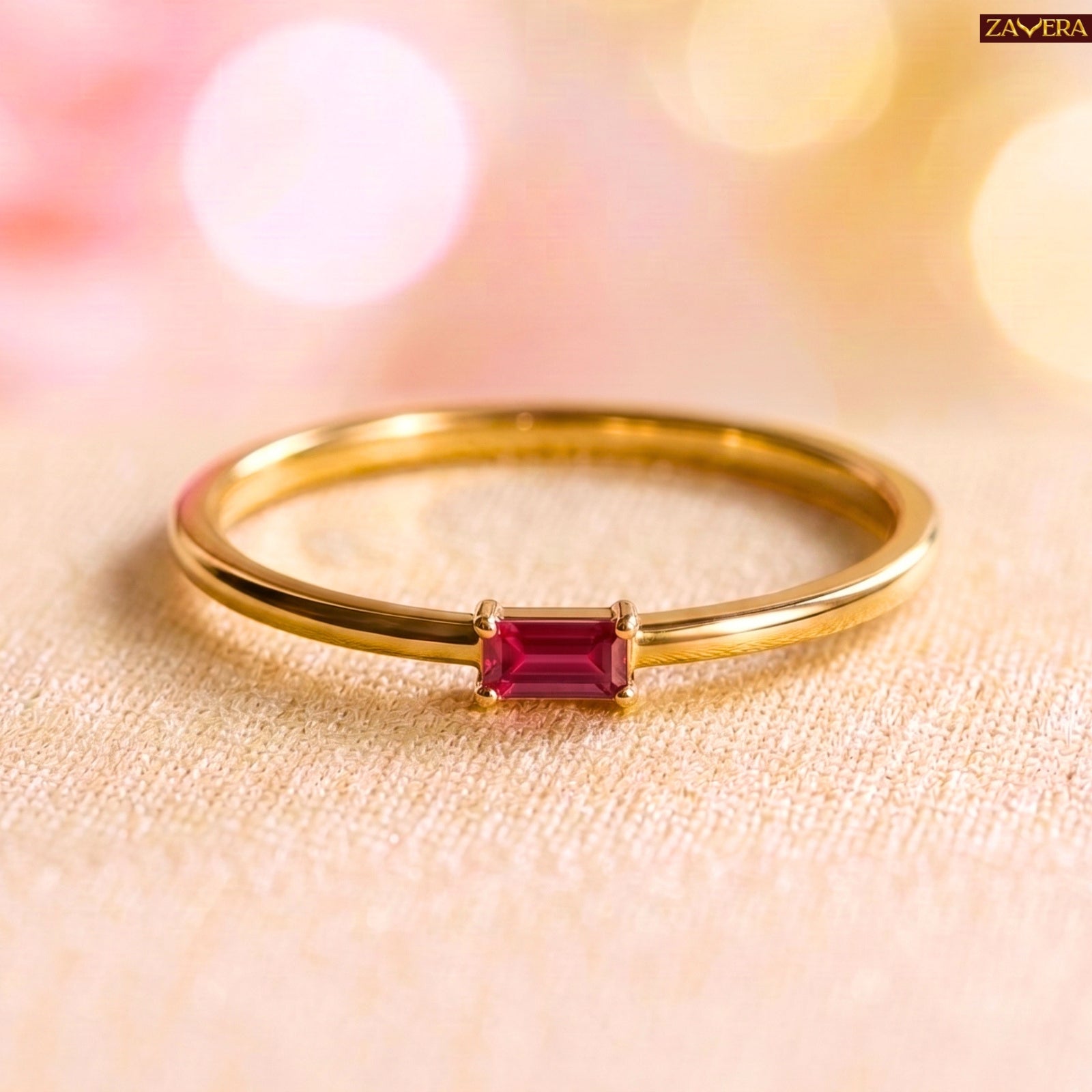 Zavera Brass 22K Baguette Cut Gold Plated Ring For Women
