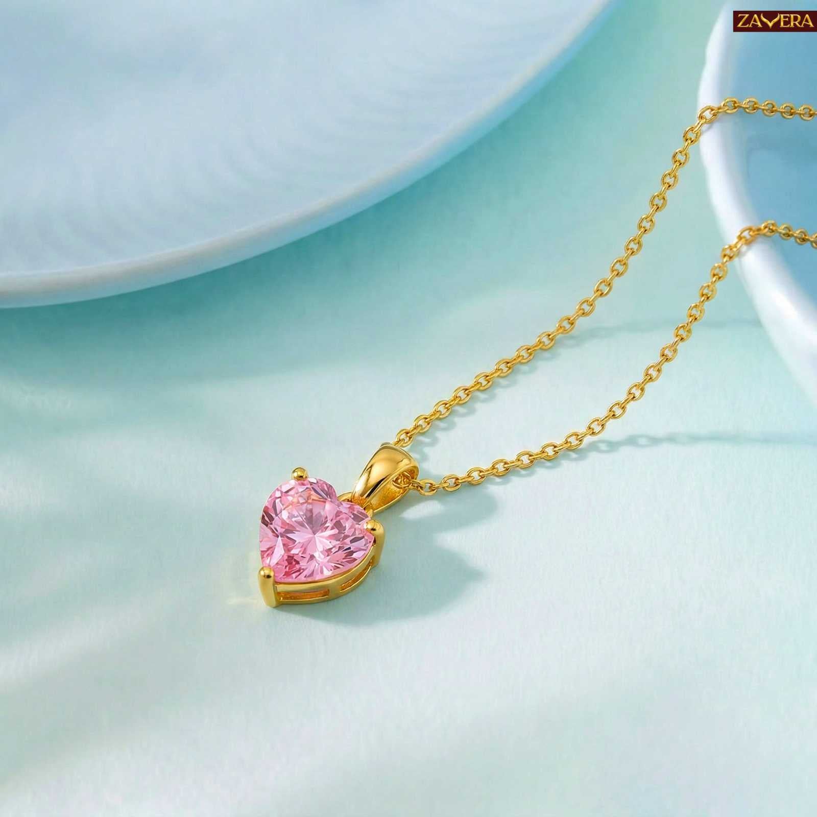 Zavera Pink Heart Shape Crystal Pendant Gold Plated