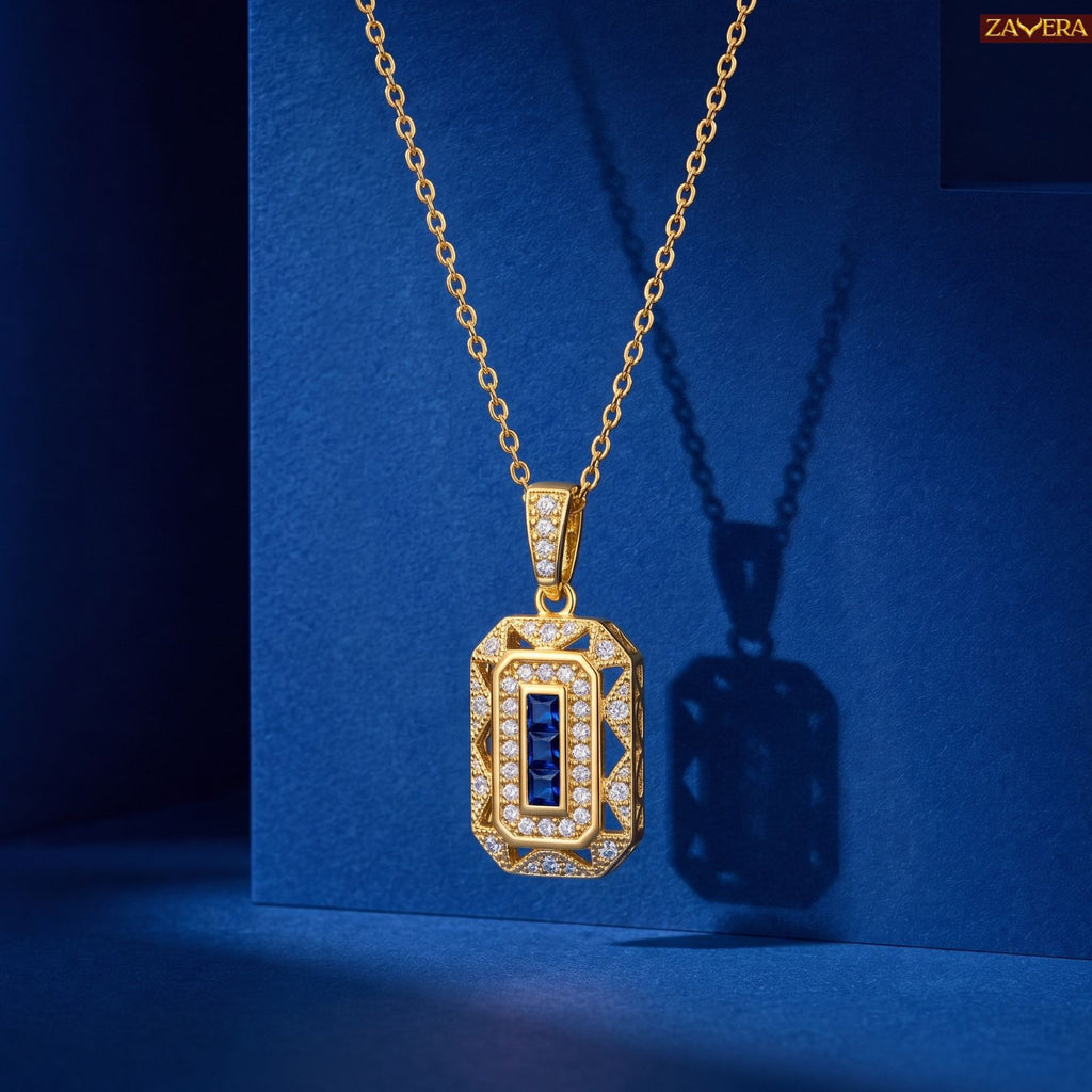 Zavera Gold Plated Art Deco Blue Sapphire CZ Pendant Necklace for Women
