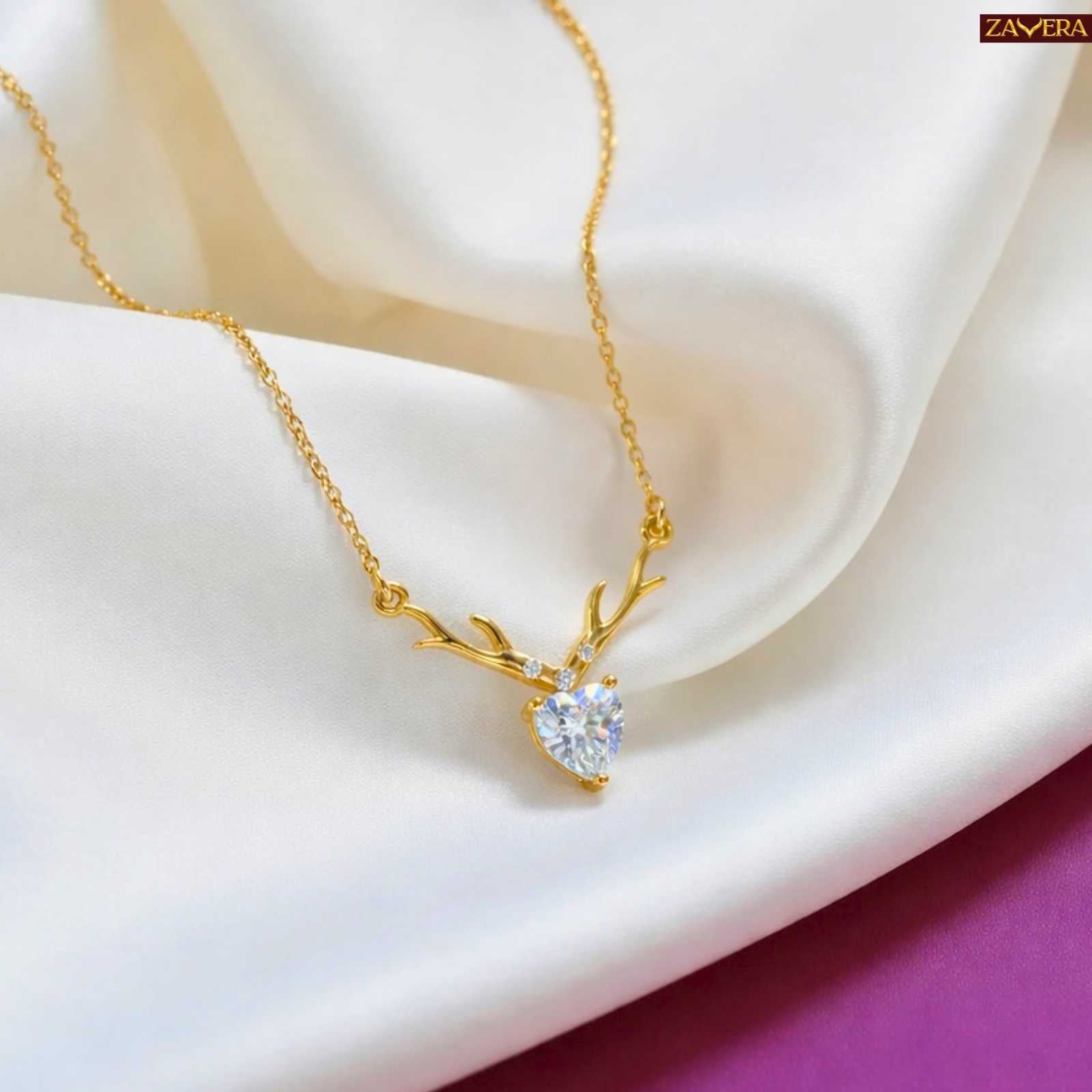Zavera Deer Antler Heart Design Crystal Pendant Gold Plated