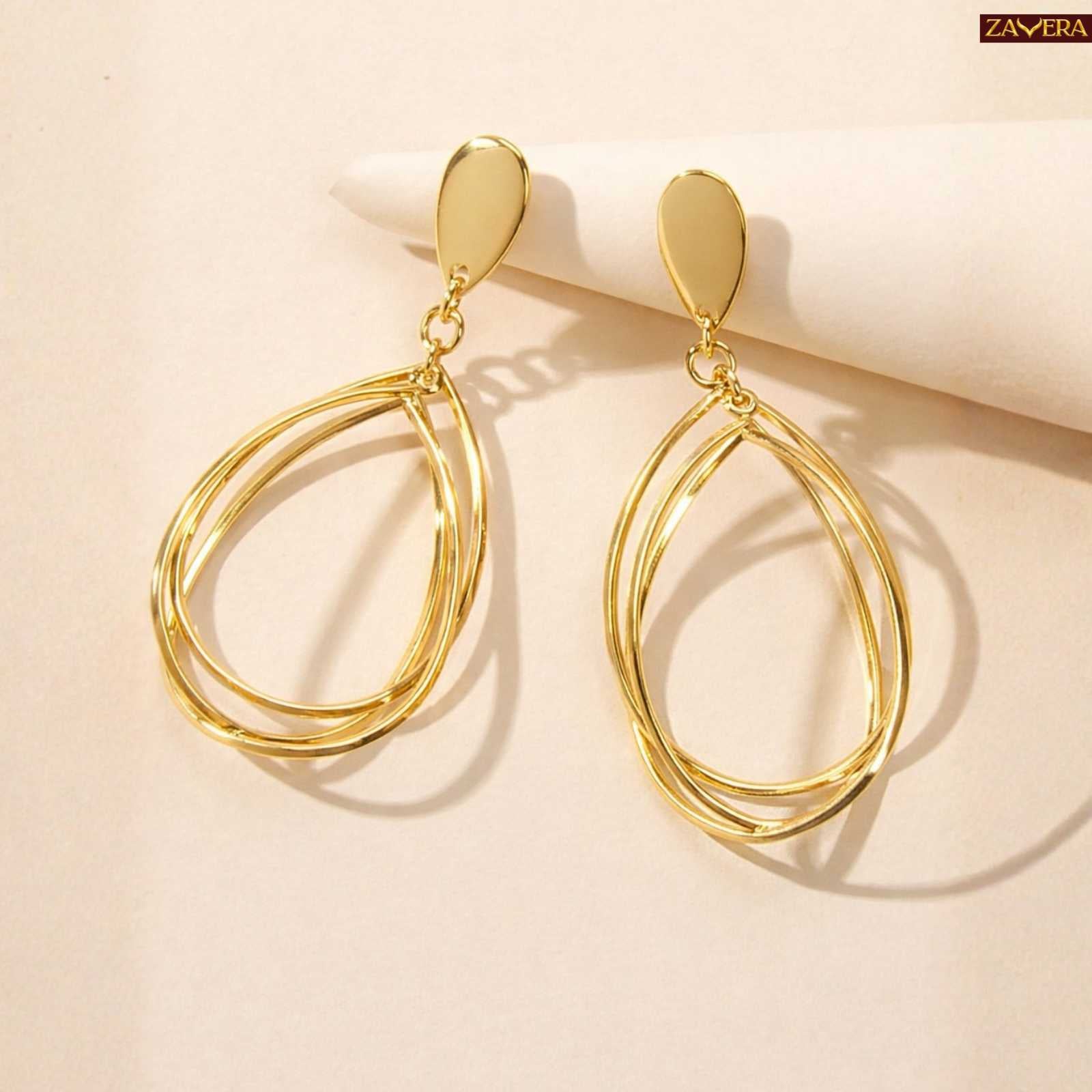 Layered Teardrop Gold Plated Drop Earrings For Women