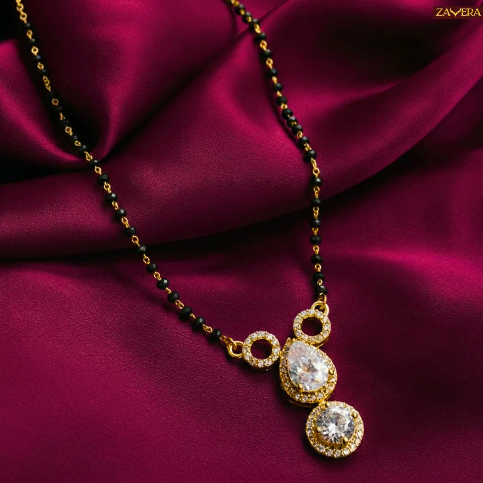 Zavera Diamond Design Gold Plated Mangalsutra Pendant with Black Beads Chain
