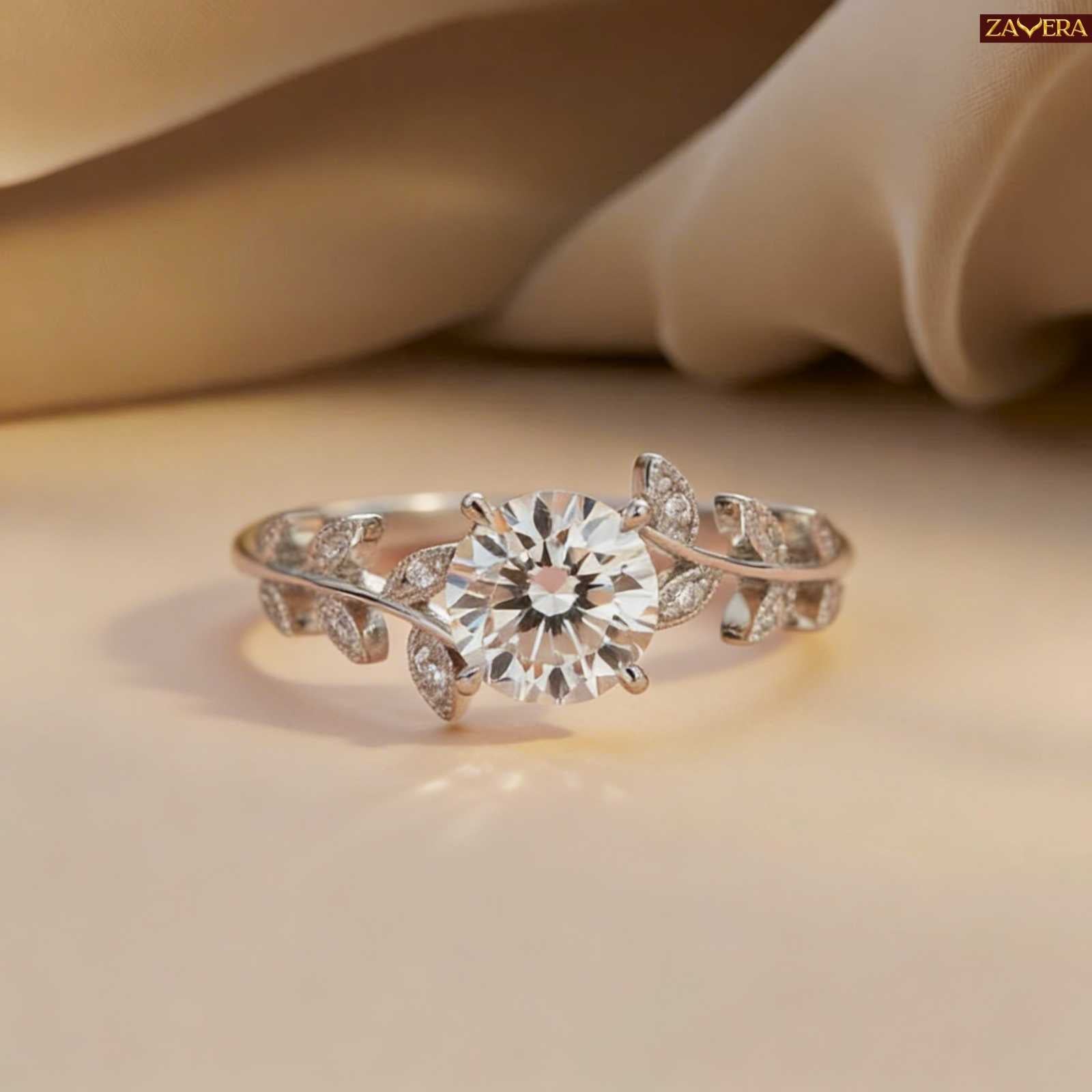 Zavera Silver Plated Leaf Vine Solitaire Adjustable Ring
