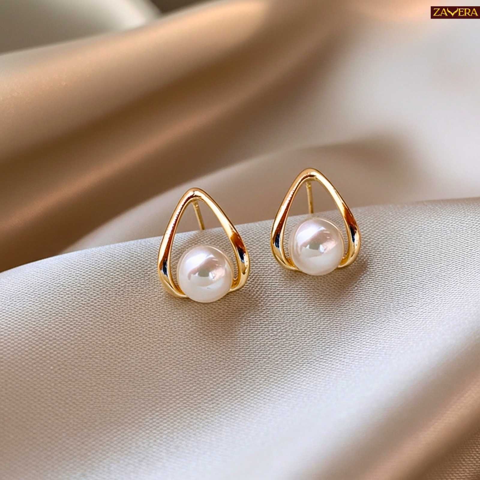 Teardrop Frame Pearl Gold Plated Earrings For Women