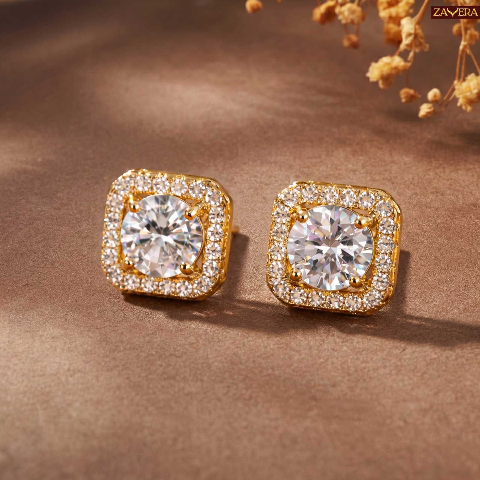 Zavera Square Halo Gold Plated Stud Earrings