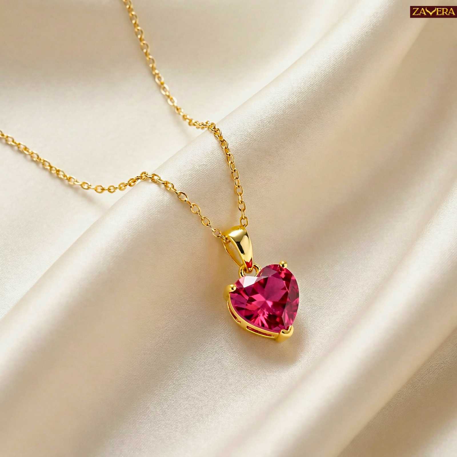 Zavera Dark Pink Heart Shape Crystal Pendant Gold Plated