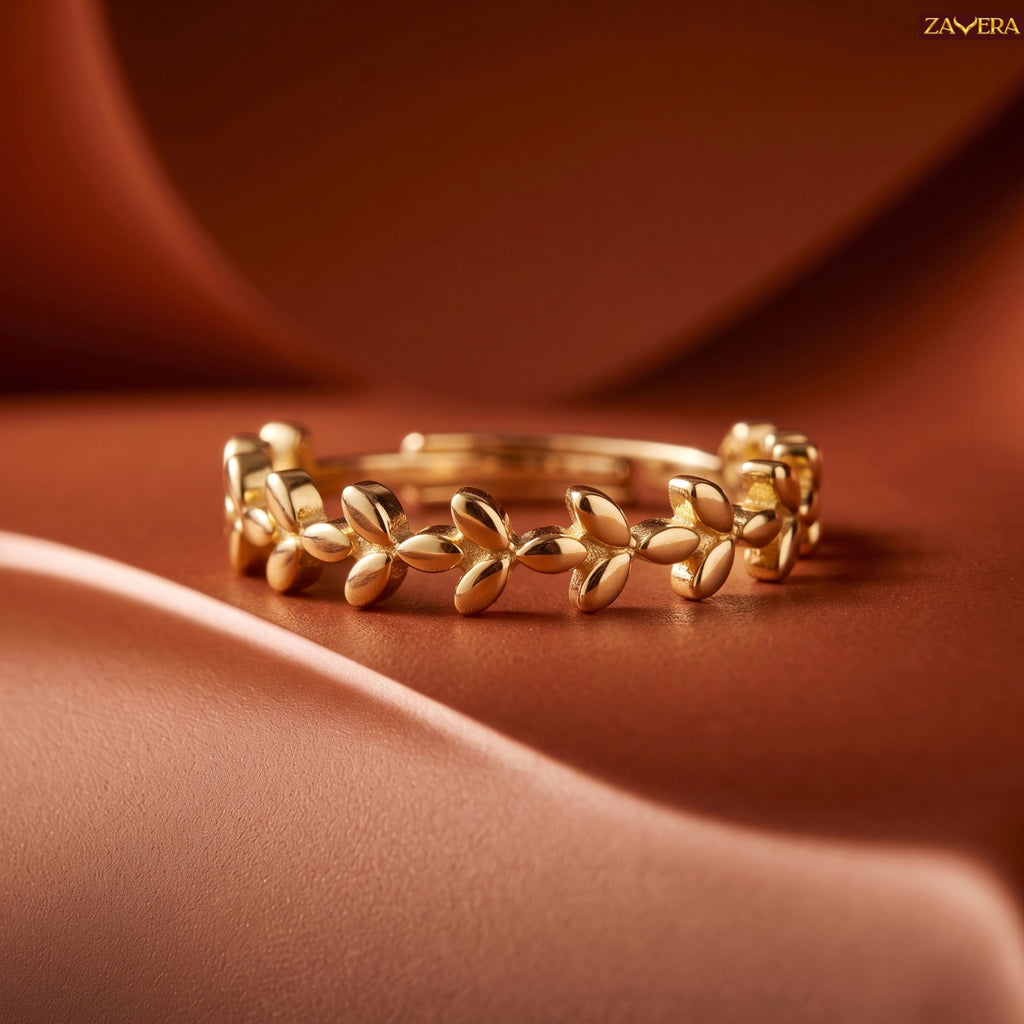 Zavera Brass 22K Gold Plated Leaf Ring For Women