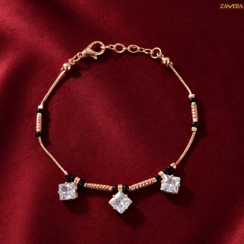 Zavera Triple Square Crystal Gold Plated Mangalsutra Bracelet