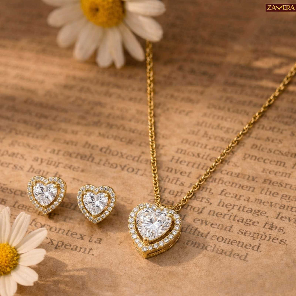 Zavera Heart Halo Diamond Gold Plated Pendant Set with Earrings