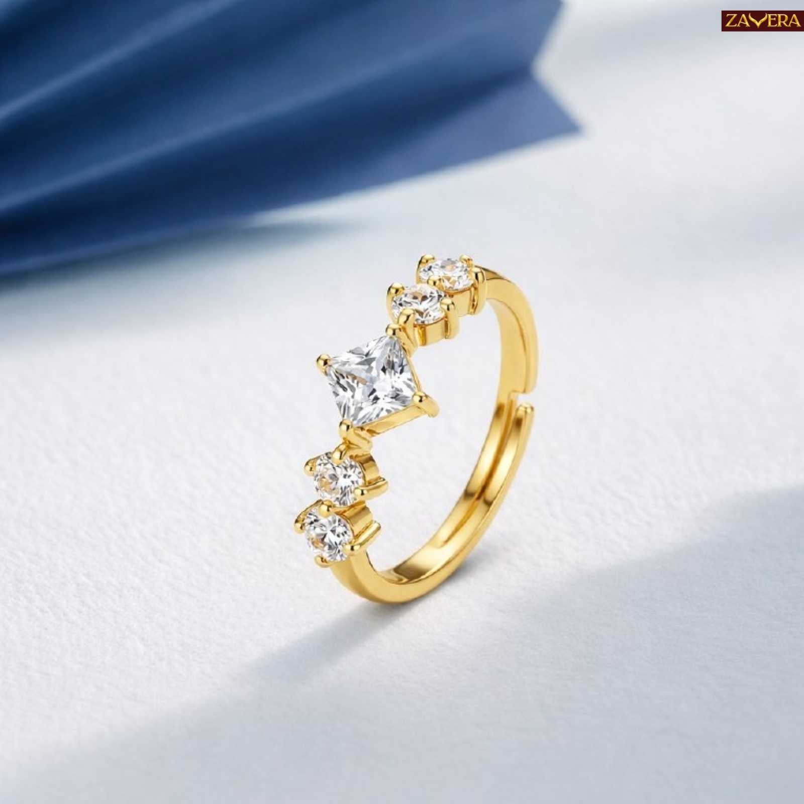 Zavera Square Solitaire Crystal Adjustable Ring Gold Plated