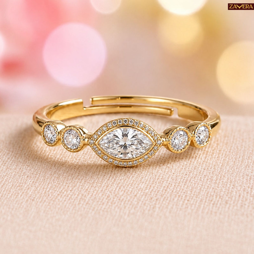 Zavera Brass 22K Marquise Halo American Diamond Gold Plated Ring For Women