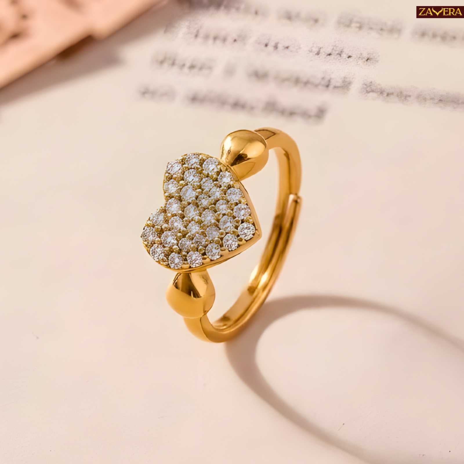 Zavera Pave Heart Diamond Gold Plated Adjustable Ring