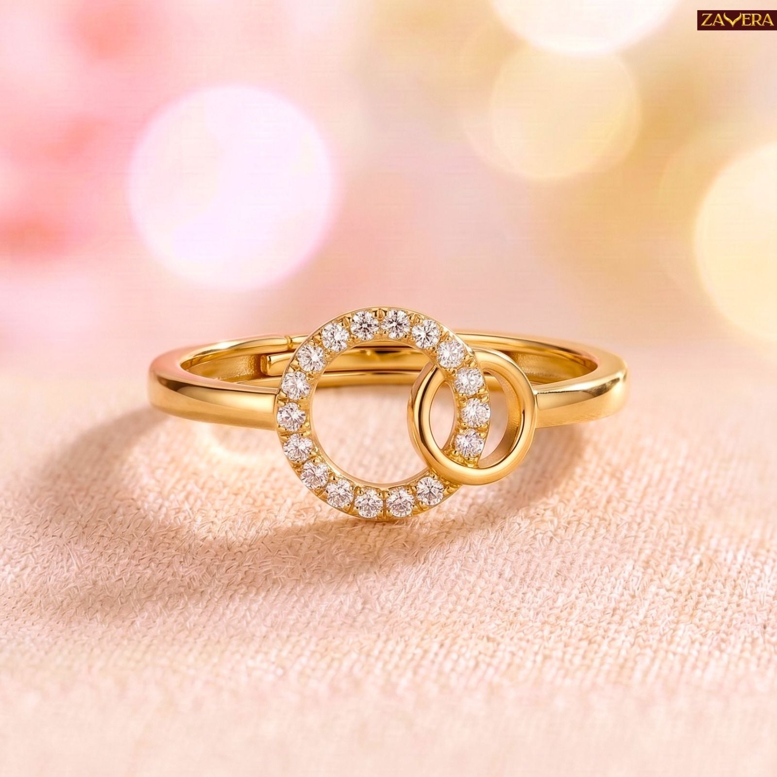 Zavera Brass 22K Infinity Inspired Linked Circle Solitaire Gold Plated Ring For Women