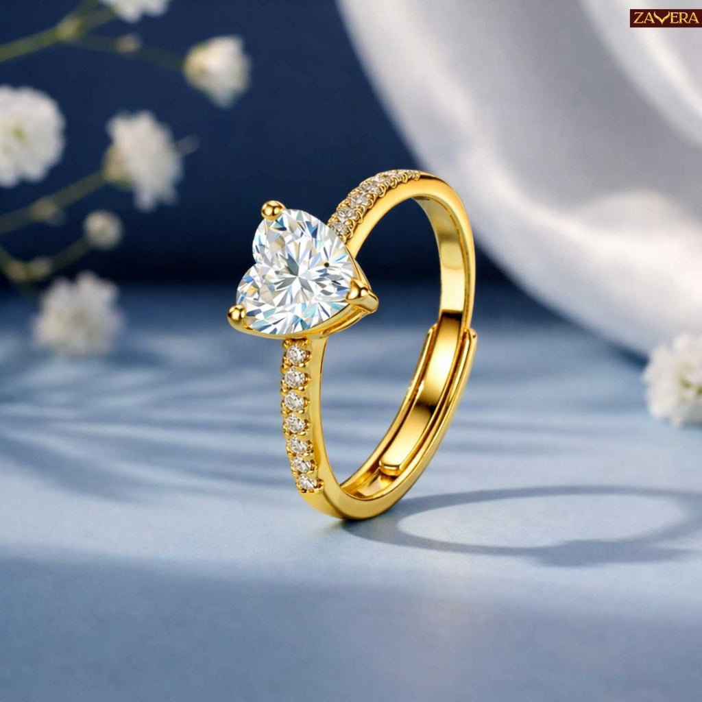 Gold Plated White Heart Cut Solitaire Adjustable Ring