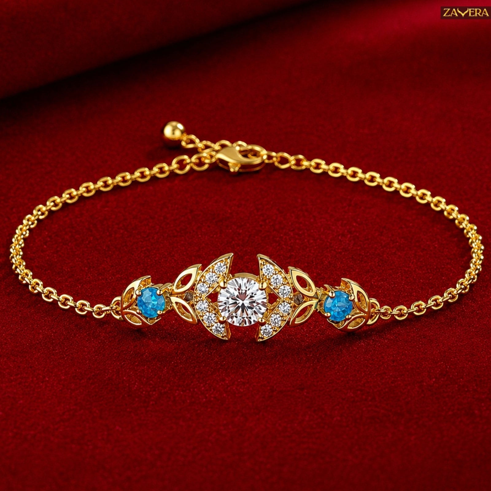 Zavera Gold Plated CZ Crystal & Blue Topaz Charm Bracelet for Women