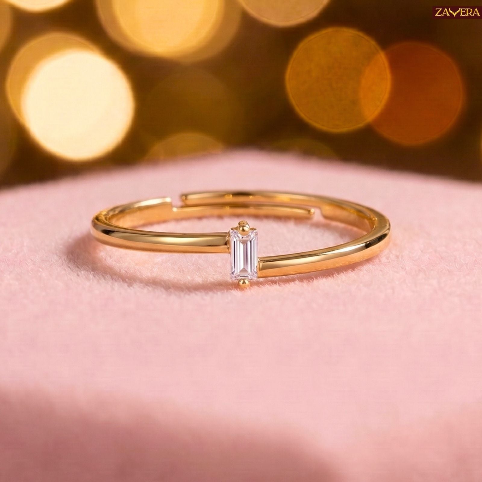 Zavera Brass 22K Minimal Emerald Cut Solitaire Gold Plated Ring For Women