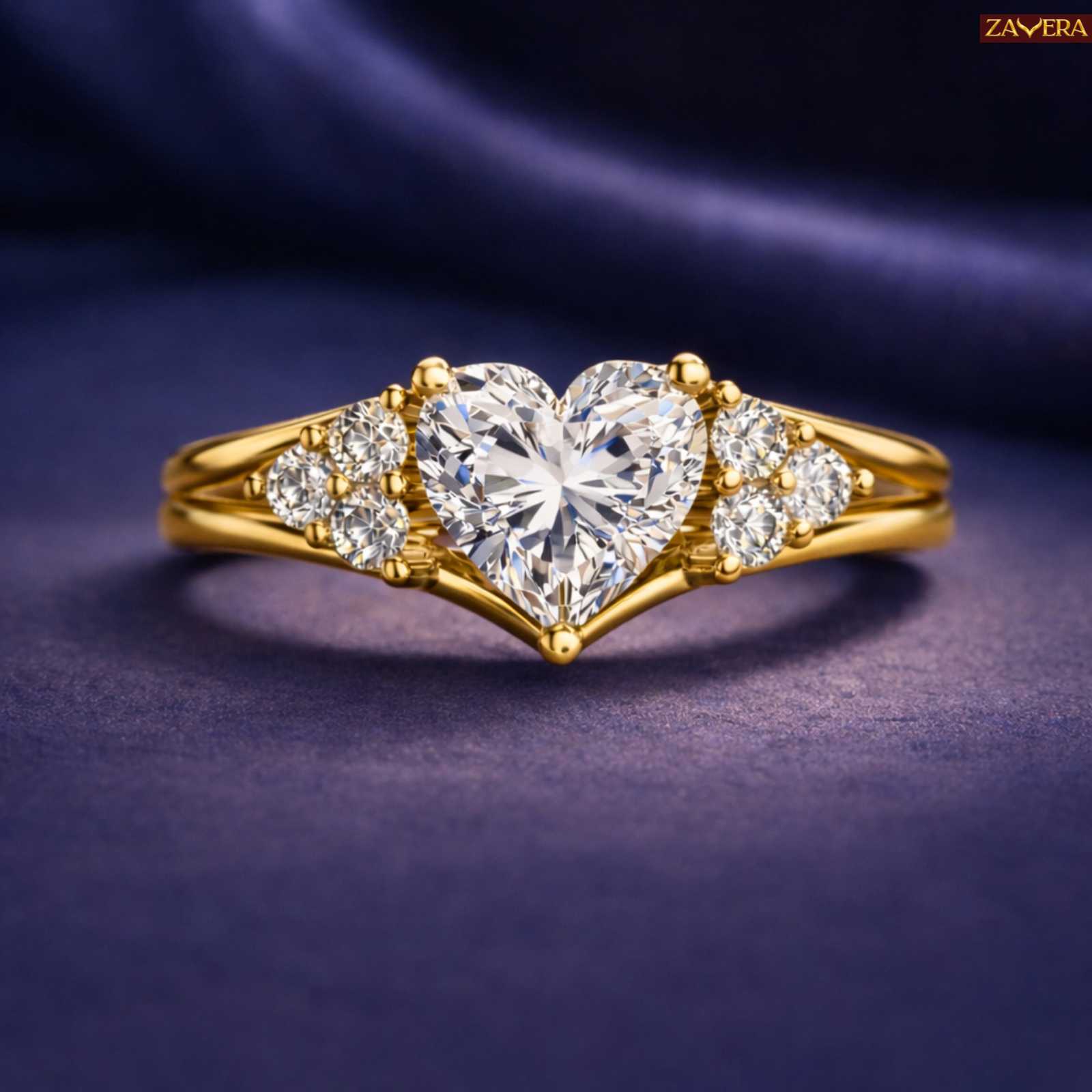 Zavera Heart Shape Diamond Gold Plated Adjustable Ring