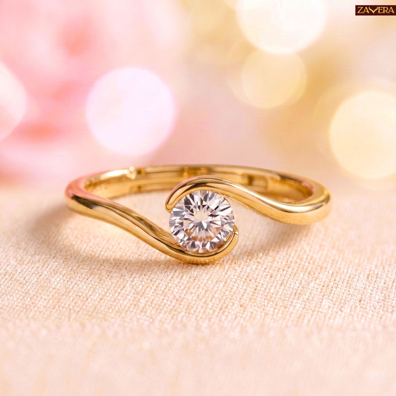 Zavera Brass 22K  Classic Twist Solitaire Gold Plated Ring For Women