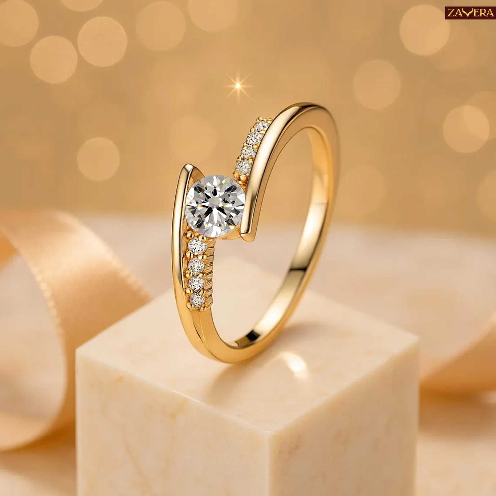 Zavera Gold Plated Open Solitaire Adjustable Ring