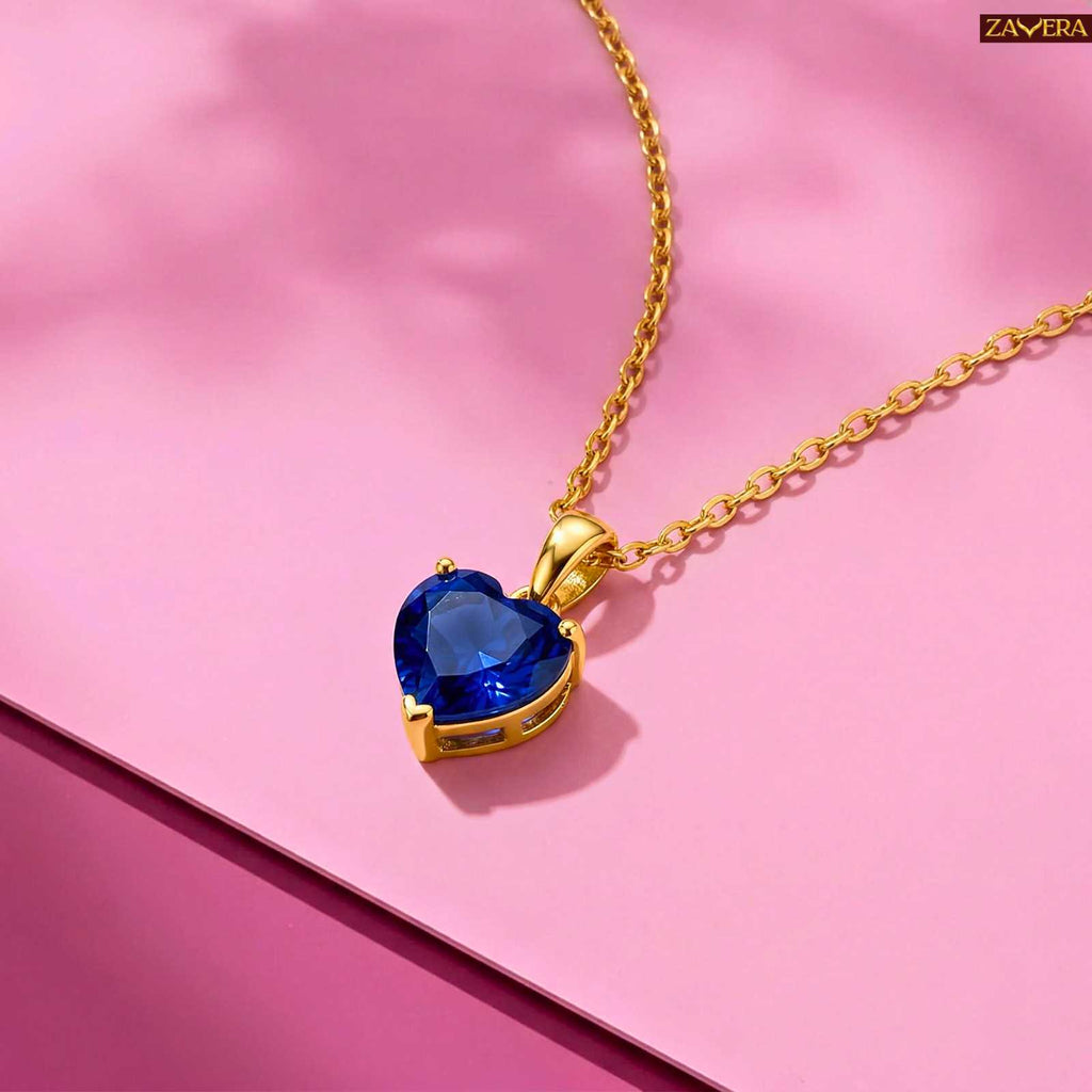 Zavera Royal Blue Heart Shape Crystal Pendant Gold Plated