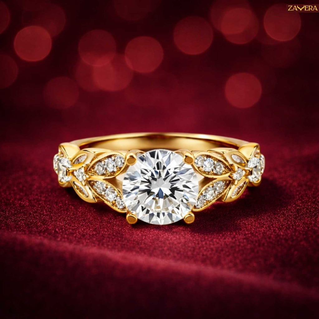 Zavera Gold Plated Floral Crown Solitaire Adjustable Ring