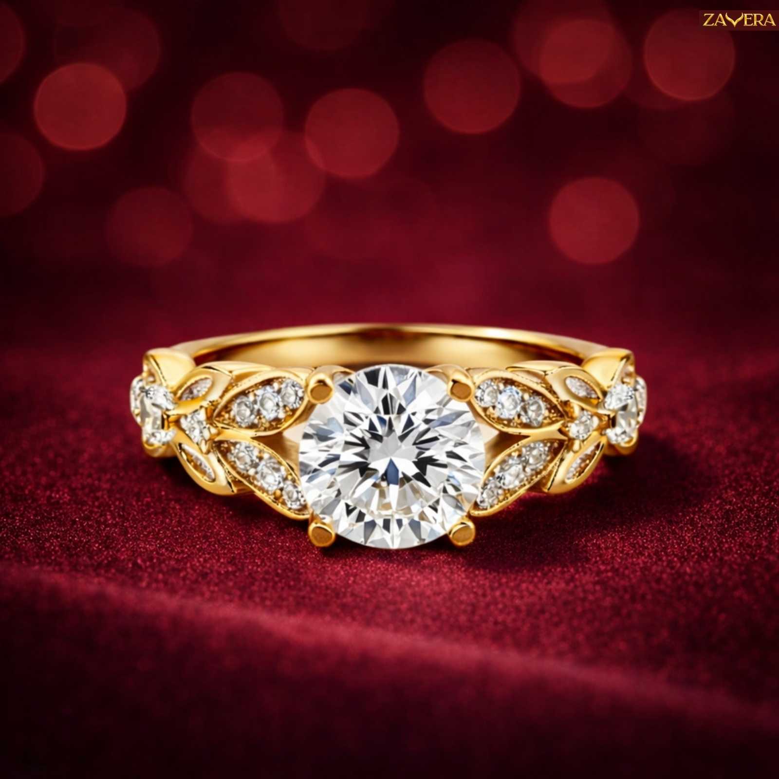 Zavera Gold Plated Floral Crown Solitaire Adjustable Ring