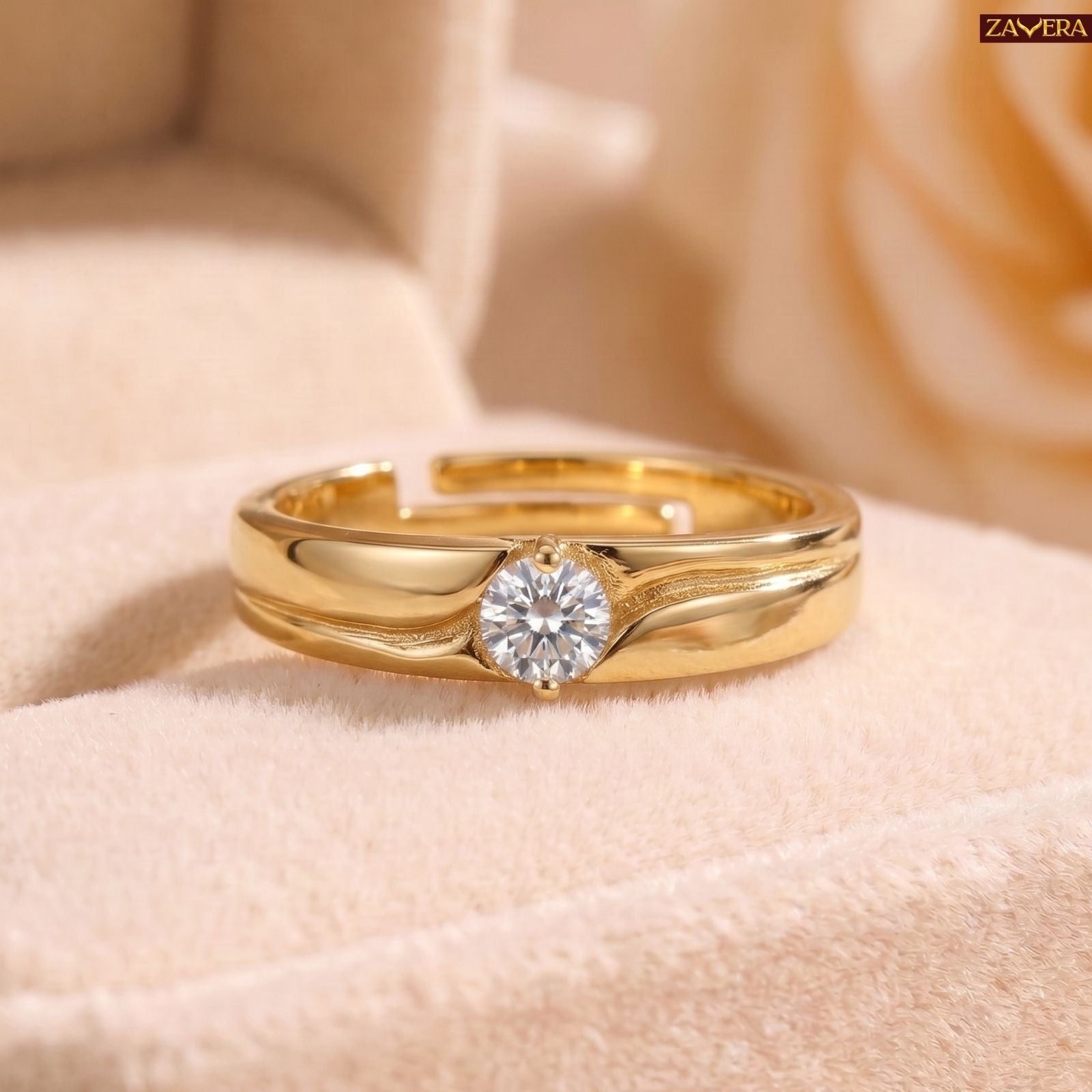 Zavera Brass 22K Adjustable Solitaire American Diamond Gold Plated Ring For Women
