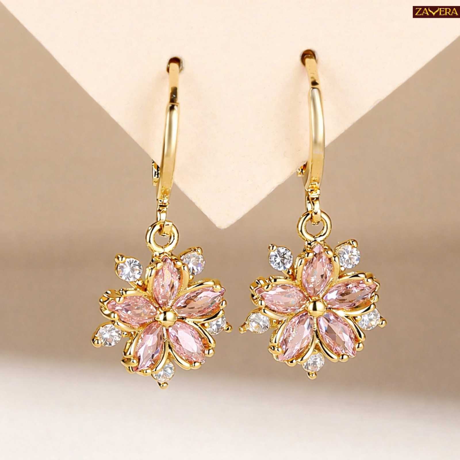 Pink Crystal Flower Gold Plated Drop Earrings For Women