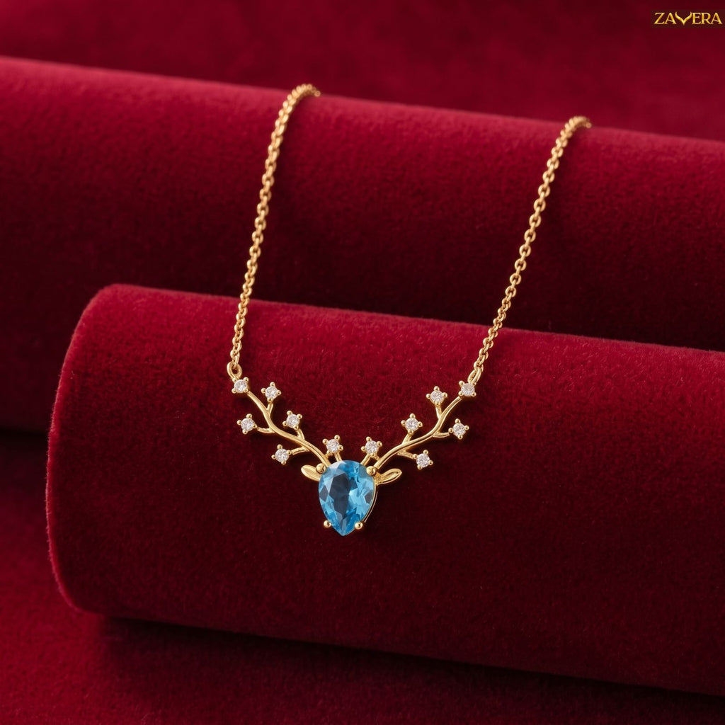 Zavera Gold Plated Elegant Blue Crystal Deer Antler Pendant For Women