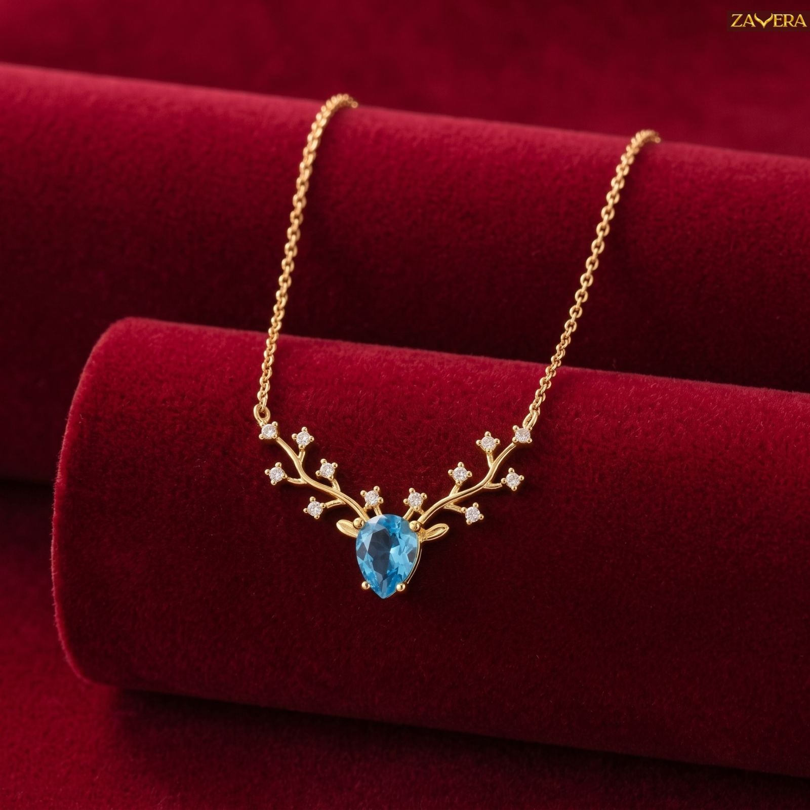 Zavera Gold Plated Elegant Blue Crystal Deer Antler Pendant For Women