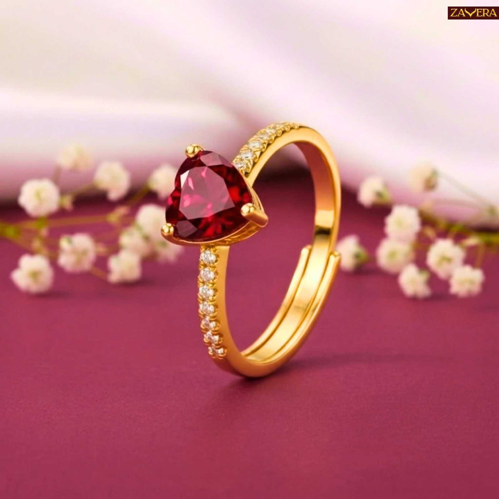 Gold Plated Blazing Red Heart Adjustable  Ring
