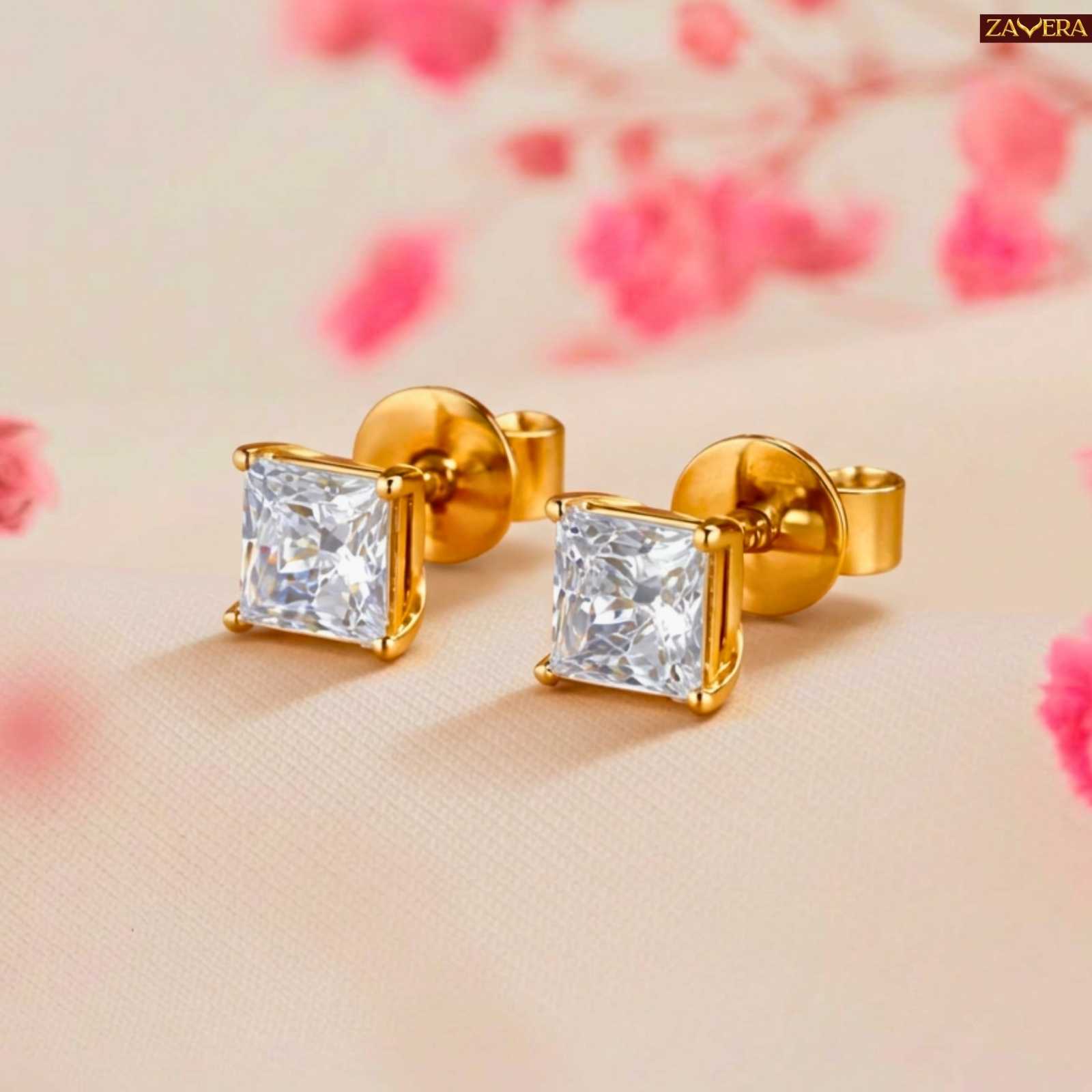 Zavera Princess Solitaire Gold Plated Stud Earrings