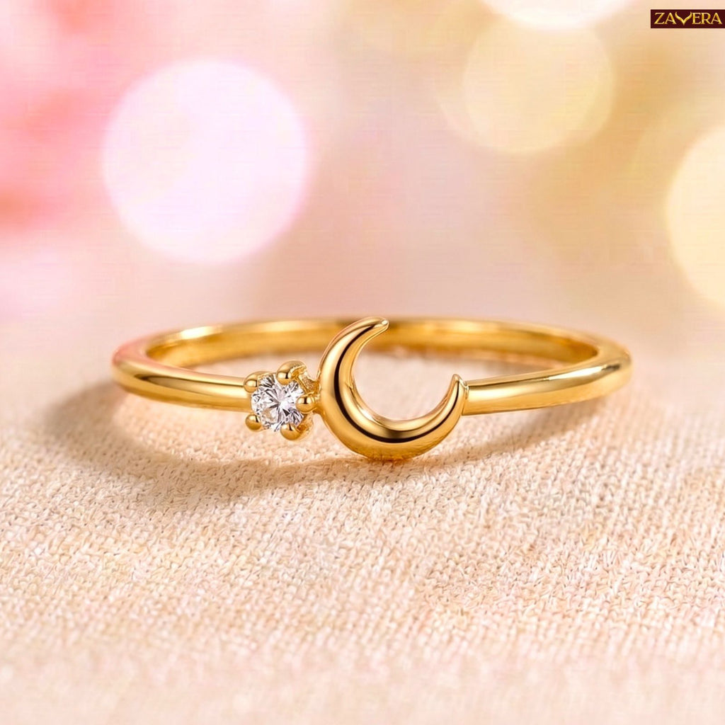 Zavera Brass 22K Dainty Crescent Moon Gold Plated Ring For Women
